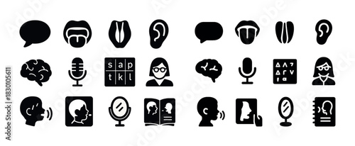 Speech and communication icons set: brain, ear, mouth, voice elements