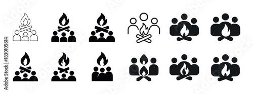 Set of campfire icons with people in various styles