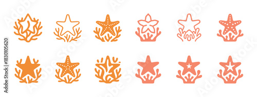 Set of nautical icons: starfish and coral illustrations in orange and pink