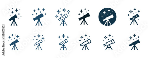 Various telescope icons with stars in minimalist style
