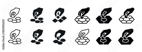 Vector icon set of hand arranging geometric shapes in various patterns