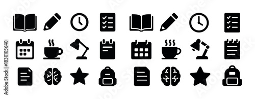 Assorted education and office icon set with books, clocks, and tools