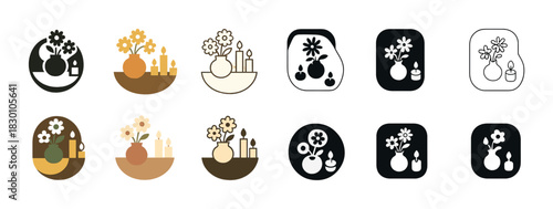 Minimalist floral icons: vase and candles in various color schemes and styles