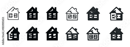 Set of twelve cracked house icons in black and white for disaster concepts