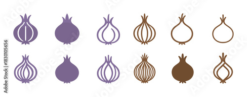 Purple and brown abstract onion illustrations in various styles