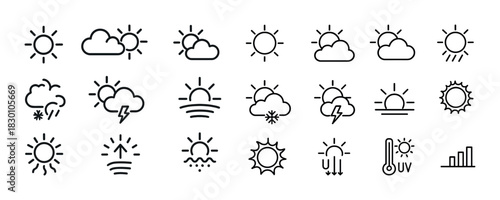 Collection of weather icons: sun, clouds, rain, thunder, and more