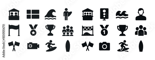 Surfing and competition icons: trophies, surfboards, and waves