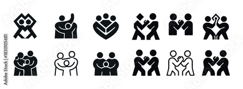 Abstract icon set depicting relationships and connections in various styles and forms
