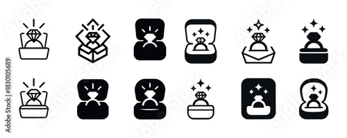 Set of black and white diamond ring icons in different box designs