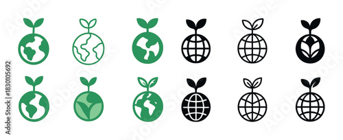 Eco-friendly planet designs: green and black globe icons with leaf sprouts