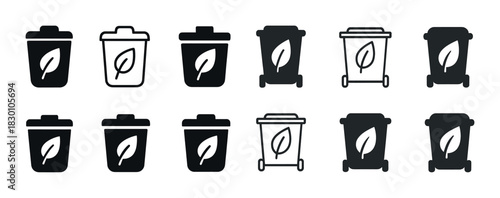 Collection of recycling bin icons with leaf symbol variations