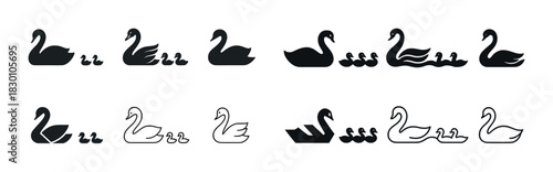 Vector icons of swans with cygnets in various silhouettes and styles