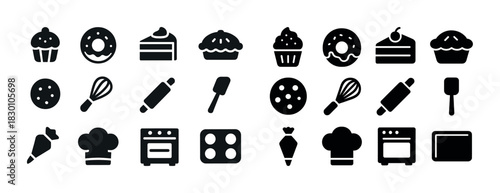 Silhouette icons of baking tools and desserts including cakes and pastries