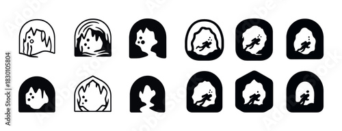 Black and white icons of caves with faces and silhouettes