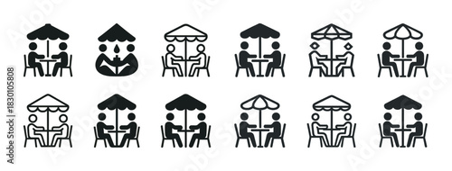 Collection of dining icons featuring outdoor umbrella tables and chairs