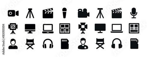 Media production icons: equipment and people in film and audio