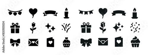 Collection of love and celebration icons: hearts, gifts, roses, candles, cupcakes