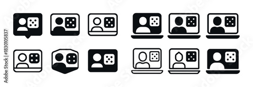 Set of video call icons in black and white showing diverse styles