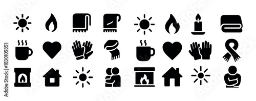 Cozy icons set: sun, fire, blanket, candle, heart, ribbon, house, fireplace