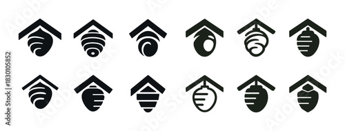 Set of twelve minimalist beehive icons in black and white