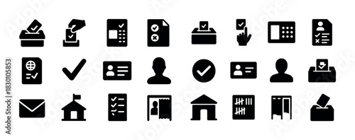 Voting and election icons set including ballot box, voter id, polling station, and checkmarks
