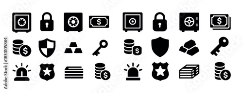 Security and finance icons: safe, lock, money, shield, key