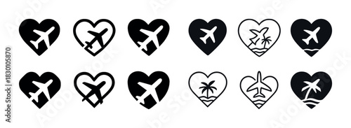 Airplane and beach icons in heart shapes for travel and vacation themes