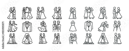 Line art wedding dance icons featuring couples and attire designs