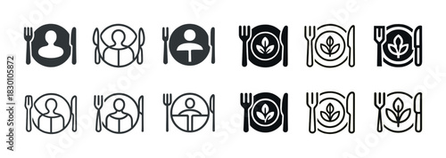 Monochrome dining icons: person, plate, fork, and knife designs