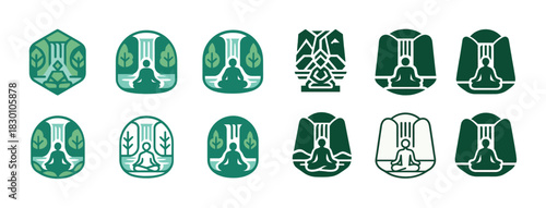 Meditative nature icons collection: waterfalls and yoga poses