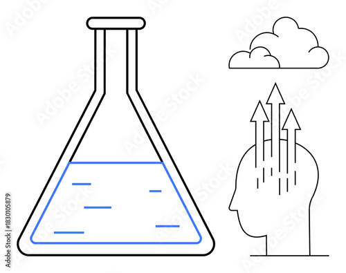 Science concept. Science ed through flask, head ideas, and cloud for data storage. Science innovation, education, research, data solutions, cognitive development
