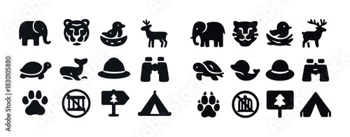Safari adventure icons: animals, camping, and nature elements