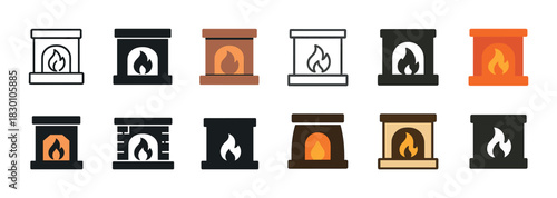 Collection of fireplace icons: diverse designs and colors