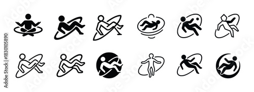 Water rafting icon set with simplified human figures in various positions