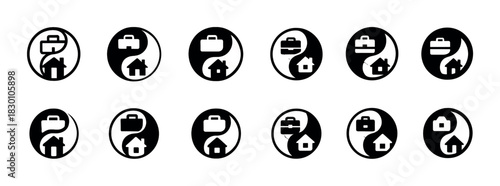 Balanced yin yang icons: briefcase and house symbol for work-life balance