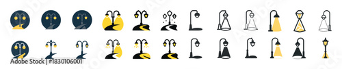 Vector street lamp icon set with various styles and designs in yellow and gray