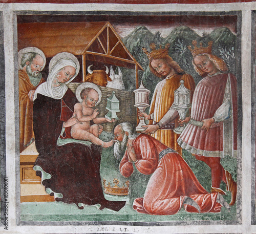 adorazione dei Magi; affresco nell'Oratorio dei Disciplini a Clusone (Val Seriana, Bergamo)