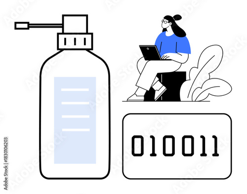 Digital lifestyle with a figure using a laptop alongside a hand sanitizer and binary code. s hygiene in digital and physical spaces. For technology, health awareness, coding, productivity, and modern