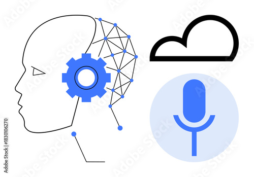 Neural network nodes in a human profile, gear symbolizing AI, cloud for computing, microphone for voice recognition. Ideal for AI, cloud computing, machine learning, speech tech, innovation