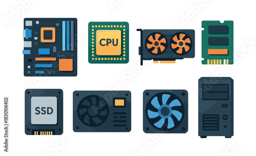 Computer hardware elements, cpu, ssd, ram, flat vector illustration