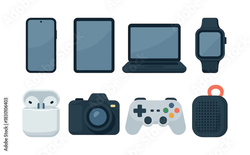 Electronic devices set, tablet, phone, laptop, flat vector illustration