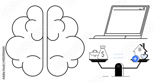 Brain concept. Brain with technology, financial balance, and health symbols innovation, decision-making, and well-being. Brain integration in technology, personal finance wellness. Perfect