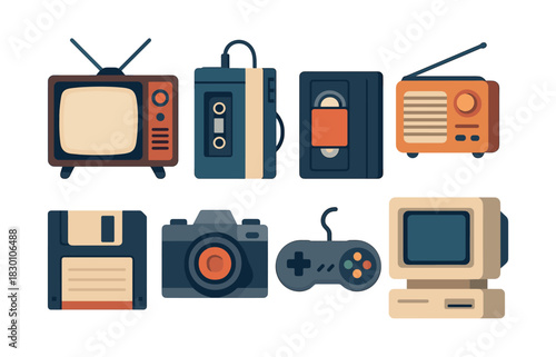 Retro technology devices, vintage media and gadgets, flat vector illustration