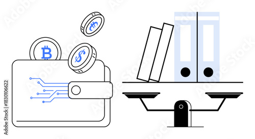Cryptocurrency wallet releasing coins with Bitcoin, smart contract icons alongside a scale balancing books and binders. Ideal for finance, blockchain, cryptocurrency, legality, compliance, balance