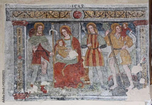 Madonna in trono con i Santi Rocco, Defendente e Cristoforo; affresco nella chiesetta dei Santi Rocco e Defendente a Clusone (Val Seriana, Bergamo)