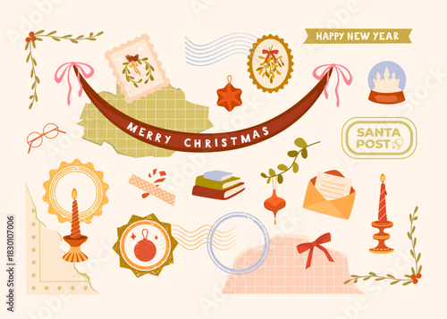 Cute Christmas scrapbook set with cozy festive elements. Postage stamp, stamp, pieces of paper, candle, bows, ribbon, envelope. Perfect for invitations, postcards, journaling, diaries.