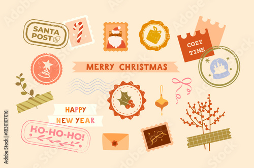 Cute Christmas scrapbook set with cozy festive elements. Postage stamp, stamp, branch with berries, bows, envelope. Perfect for invitations, postcards, journaling, diaries.