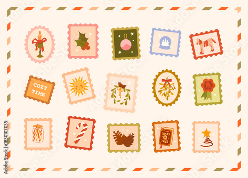 Festive collection of Christmas postage stamps. Christmas toys, wreaths, candles, candy. Warm, pastel colours and vintage style. Perfect for greeting cards, invitations, scrapbooking, journaling.