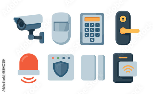 Home security devices, alarm, surveillance camera, flat vector illustration
