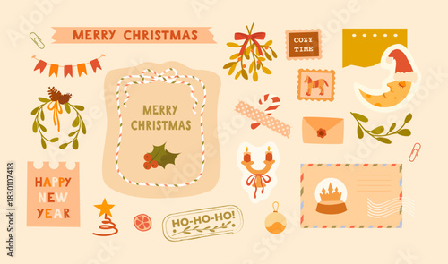 Cute Christmas scrapbook set with cozy festive elements. Candles, mistletoe, candy cane, mail stamps, wreath, envelope, garland, tape, note. For print, digital scrapbooking, journaling, planner